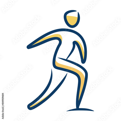 Minimalist vector logo of abstract running person in dynamic pose, navy blue and yellow lines on white background