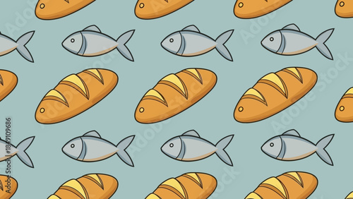 Vibrant cartoon fish and bread pattern on blue background