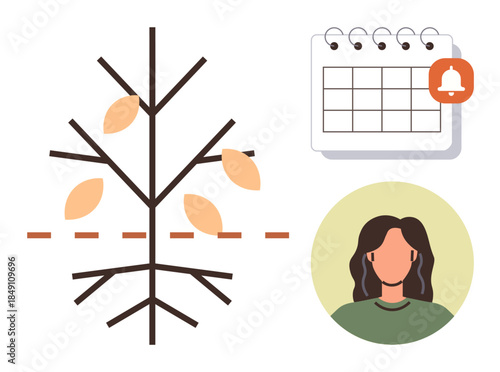 Tree diagram with branching stages, calendar with reminder icon, and female portrait. Ideal for planning, growth tracking, productivity, deadlines, organization, goal setting and self-improvement