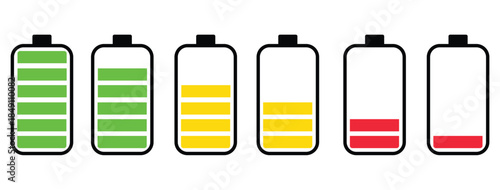Battery Level Status Icon Set: Full, Medium, and Low Energy Charging Indicators for UI Design