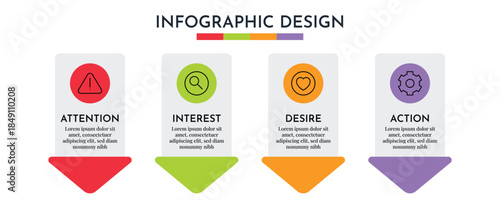 AIDA Model Down Arrow Info graphic Showing Attention Interest Desire Action Marketing Steps Flat Vector Design