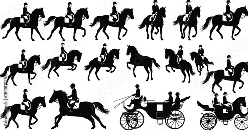 Equestrian horse riding silhouettes illustration, riders jumping trotting carriage driving scenes, classic equine sport transport collection vector isolated black design