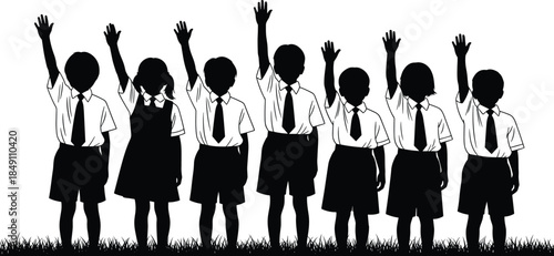 School children raising hands silhouettes illustration, group of students in uniform standing together, childhood education concept vector isolated black design