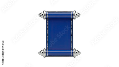 Blue Scroll with Silver Details on White Background