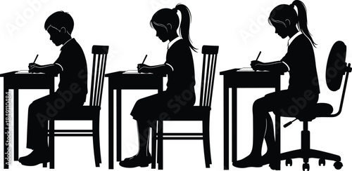 School children studying silhouettes illustration, showing students writing at desks, child learning posture comparison, education concept vector isolated black design collection