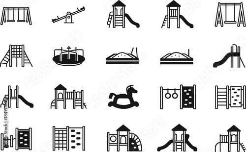 Playground equipment icon set vector illustration, kids outdoor play structures symbols collection for park, school yard, recreation area design