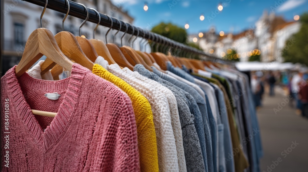 Obraz premium A rack of clothes is hanging on a clothesline. The clothes are of various colors and styles. The scene is set in a busy street with people walking around. The clothesline is hanging on a metal pole