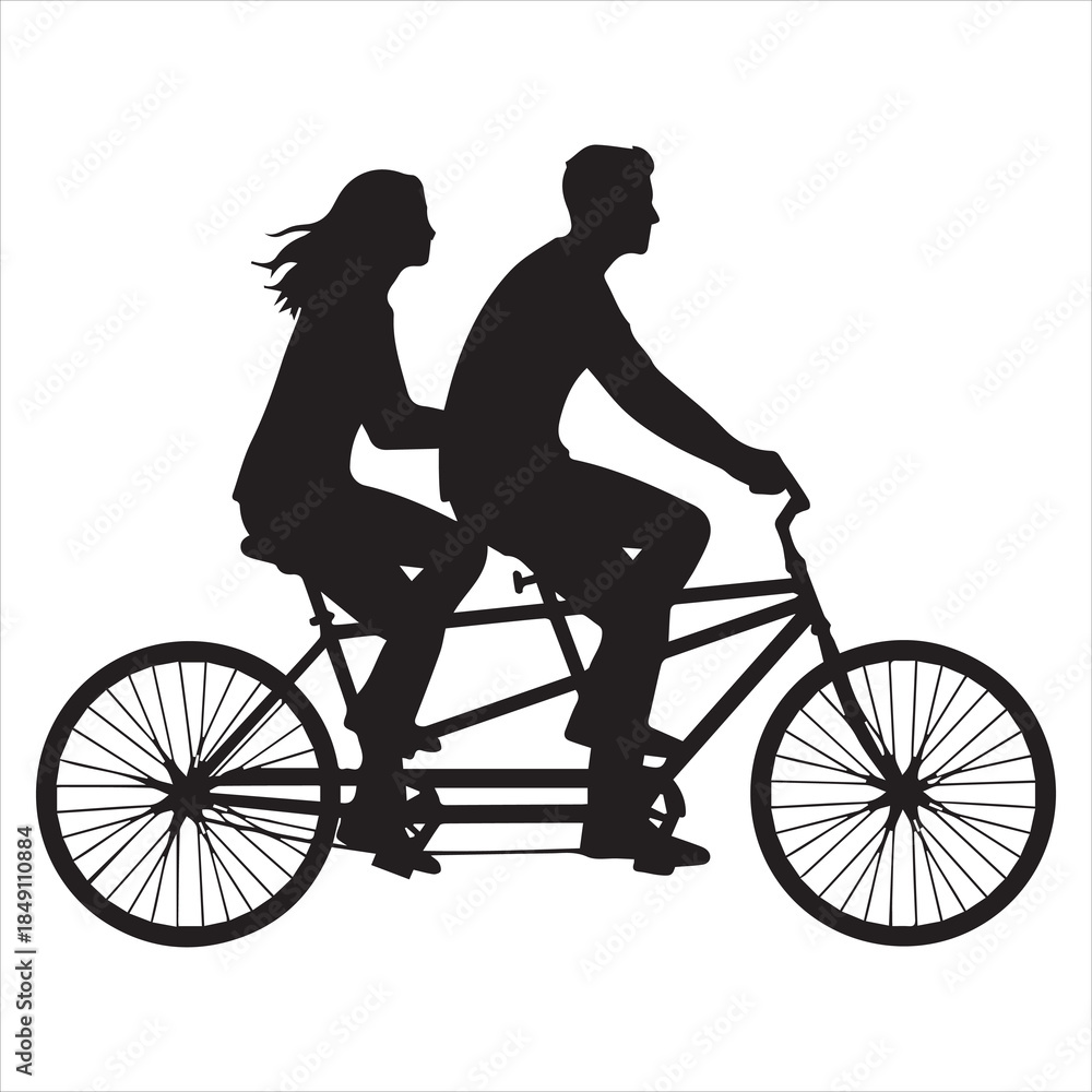 Obraz premium A romantic silhouette of a couple joyfully riding a tandem bicycle on a shared adventure isolated on white background, Vector