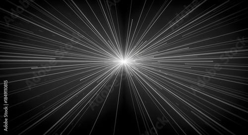 Abstract visualization of light speed, hyperspace travel, or digital data flow with bright central burst and radiating white lines on a black background