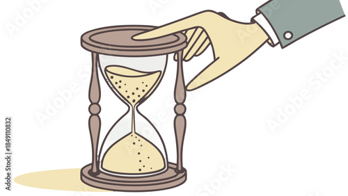 Hand touching vintage hourglass with sand running out, A vintage-style illustration of a hand touching the top of an hourglass as the sand trickles from the top bulb to the bottom 