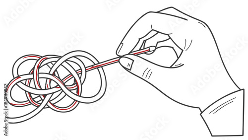 Hand using needle to untangle complex knot line art illustration, A line art drawing detailing a hand using a needle to carefully pull a single thread from a complex, tangled knot, representing
