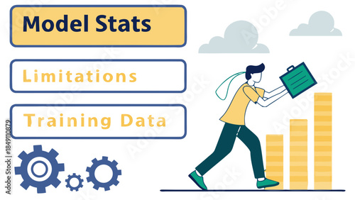 Man climbing coins towards AI Model Stats and Training Data concept, A flat vector illustration of a man with a briefcase climbing a stack of coins towards clouds labeled "Model Stats," 