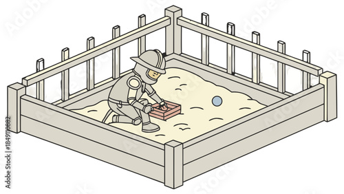 Child in knight armor playing in sandbox concept, An isometric illustration of a child dressed as a knight playing with blocks and a ball inside a wooden sandbox.