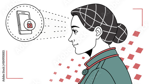 Woman using secure facial recognition on smartphone concept, An illustration showing a woman's profile with lines connecting her eyes to a circular icon of a smartphone with a lock, symbolizing secure