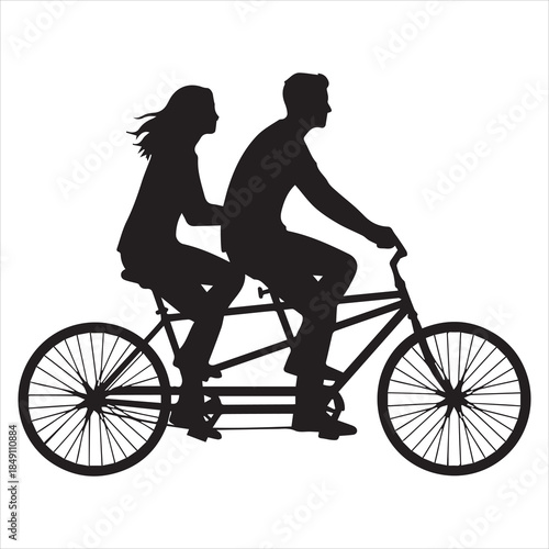 A romantic silhouette of a couple joyfully riding a tandem bicycle on a shared adventure isolated on white background, Vector
