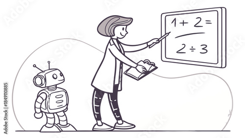 Teacher and robot learning math concept line art, A line art illustration showing a female teacher pointing to a simple addition equation (1+2=3) on a blackboard, while a small robot looks on