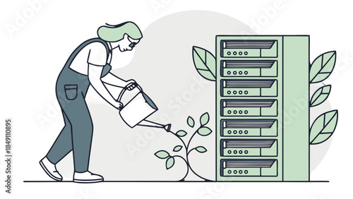 Line art concept of woman watering plant next to server rack data center, A flat line art illustration showing a woman in overalls watering a plant growing beside a large server rack, symbolizing 