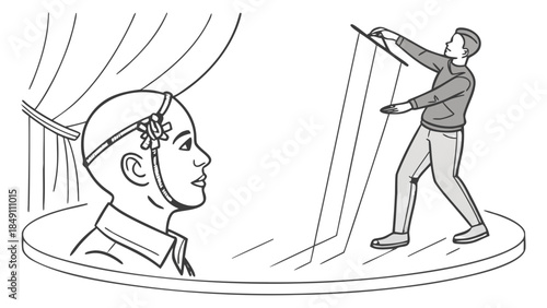 Puppet Master Controlling Large Head on Stage Line Drawing, A simple black and white line drawing showing a person controlling a giant puppet head with strings on a stage.