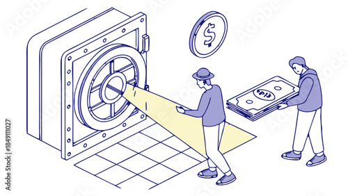Two Thieves Robbing Bank Vault with Flashlight Isometric Illustration, An isometric colored line drawing showing two thieves robbing a bank vault; one shines a flashlight on the door, the other holds 