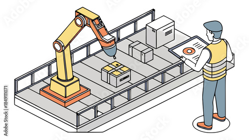 Robotic Arm on Factory Conveyor Belt with Worker Isometric Illustration, An isometric colored line drawing of a robotic arm interacting with boxes on a conveyor belt in a factory, monitored 