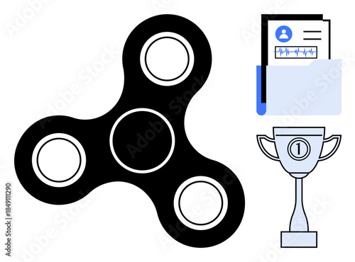 Achievement concept. Achievement is by a trophy, fidget spinner, and document folder. Achievement combines focus, organization, and success. For education, motivation productivity sports