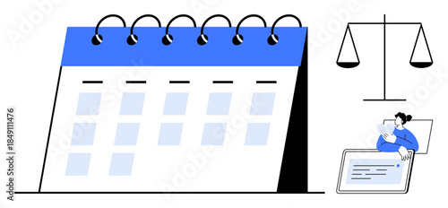 Justice concept. Justice scales fairness and balance with a calendar emphasizing deadlines and organization. Justice in legal planning and digital collaboration. Suitable for law, scheduling