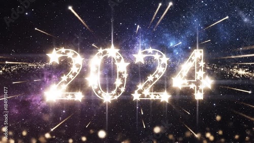 Sparkling 2024 year celebration against a cosmic background with shooting stars
