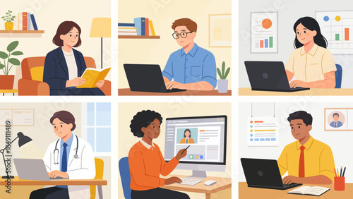 People working and studying in various settings