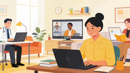 People working and studying in a home office