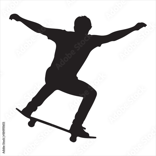 Dynamic silhouette of a skateboarder expertly balancing on a moving board with arms wide isolated on white background, Vector