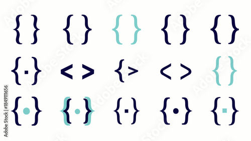 Collection of various bracket symbols and punctuation marks in blue and teal on white background