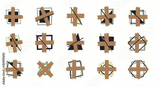Set of abstract graphic elements with crosses and squares taped together, stylized and artistic