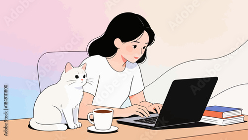 Woman working on laptop with cat