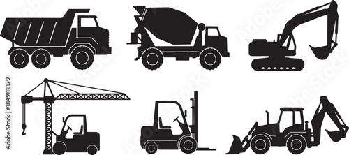 Black Solid Common Construction Heavy Vehicle Silhouettes Set of Six on White