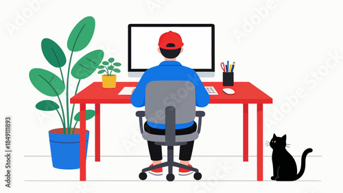 Person working at desk with cat