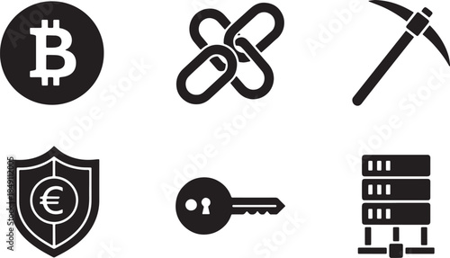 Black Solid Crypto Blockchain Icon Silhouettes Set of Six on White Background