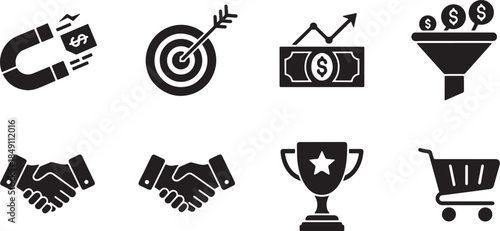 Black Solid Customer Acquisition Conversion Silhouettes Set of Six on White Background