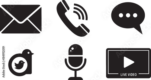 Black Solid Customer Communication Channels Silhouettes Set of Six on White Background