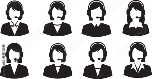 Black Solid Customer Service Agent Silhouettes Set of Six on White Background