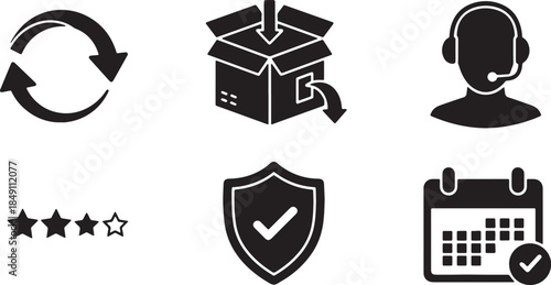 Black Solid Post-Purchase Service Icon Set of Six Silhouettes on White Background