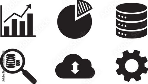 Black Solid E-Commerce Data Analytics Icon Silhouettes Set of Six on White Background