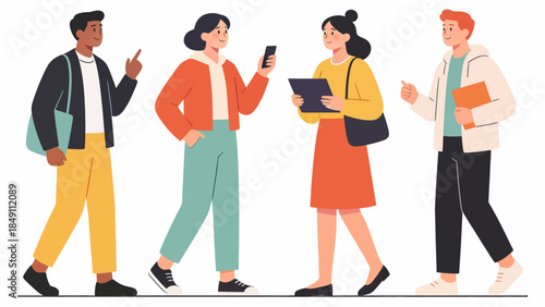 Four people walking and interacting