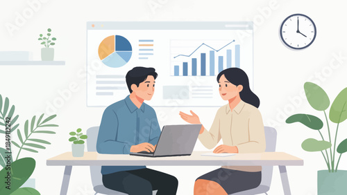 Office workers discussing data