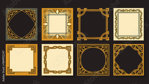 Collection of ornate vintage square frames with art deco elements and geometric patterns, gold and beige colors