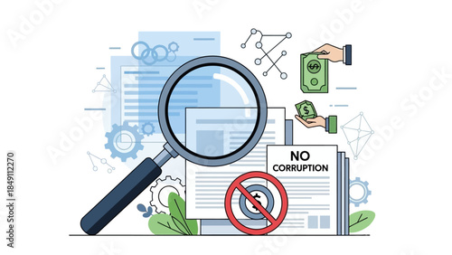 Magnifying Glass Examining Documents for Corruption and Fraud in Business Operations.