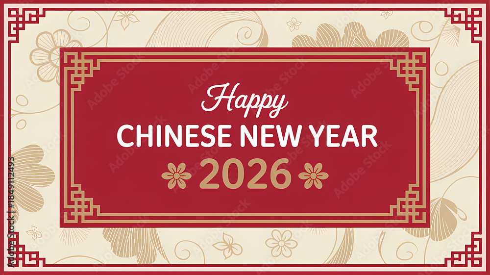 Naklejka premium happy chinese new year 2026 greeting card with red gold ornamental frame