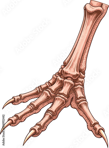 Detailed skeletal claw foot vector illustration with bones and talons isolated on white for anatomy horror fantasy and science design projects