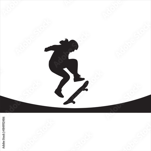 Dynamic silhouette of a skateboarder performing an impressive trick in mid-air isolated on white background, Vector