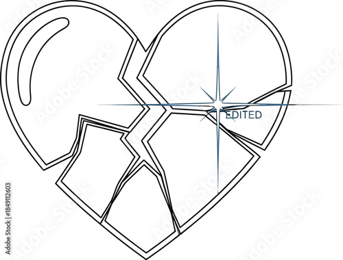 Simple black and white line art drawing of a heart shattered into many pieces symbolizing emotional pain and heartbreak