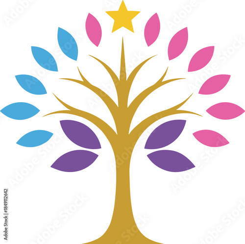 Colorful abstract tree with star vector illustration symbolizing growth success and creativity in flat style for branding and inspirational designs